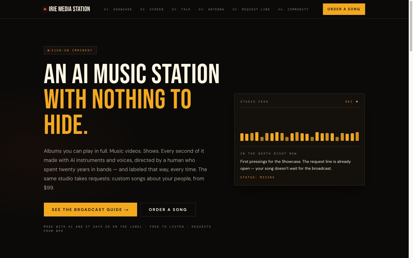 Irie Media Station homepage — an AI music station with nothing to hide.