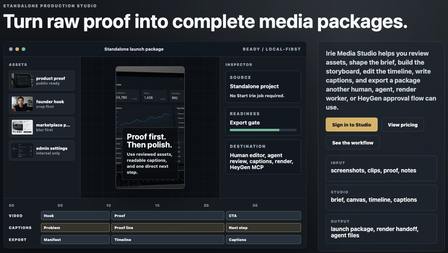Irie Media Studio production package with captions and timelines.